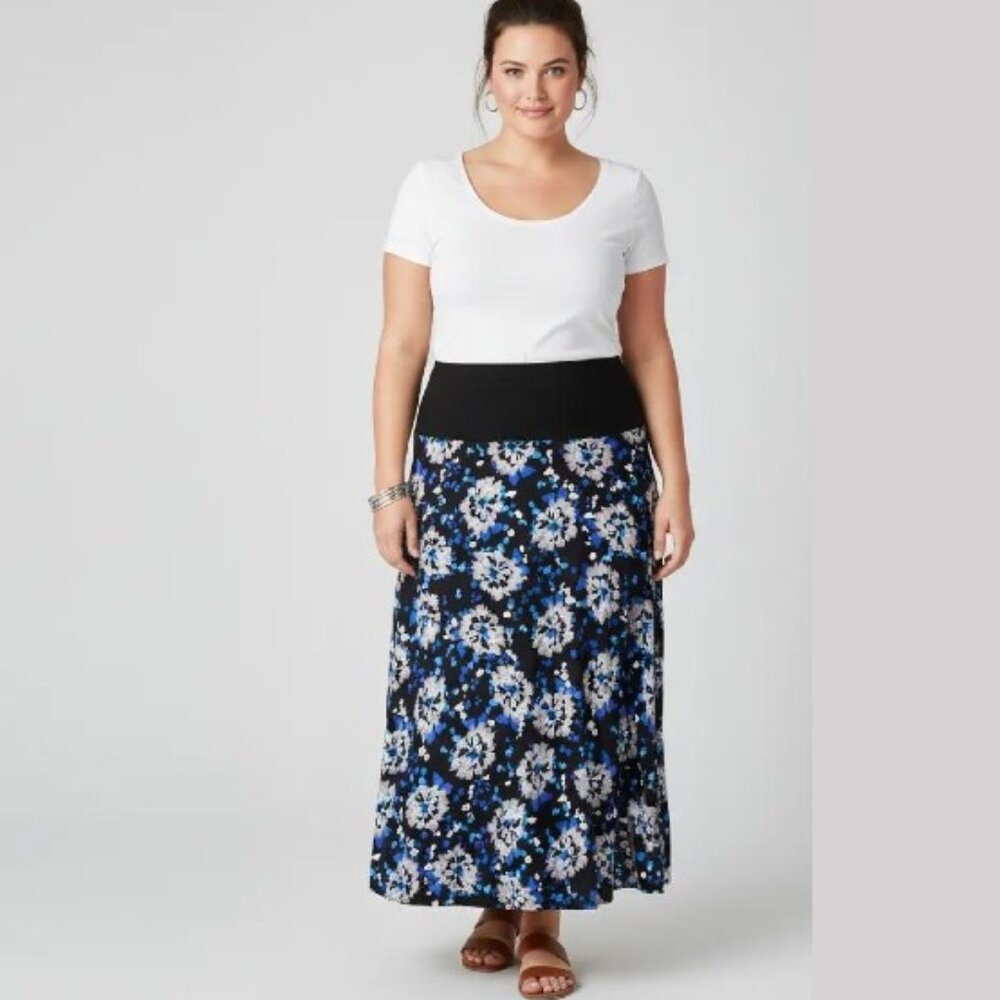 Dressbarn Blue Black White Floral Wide Waistband Maxi Skirt Plus Size 18/20